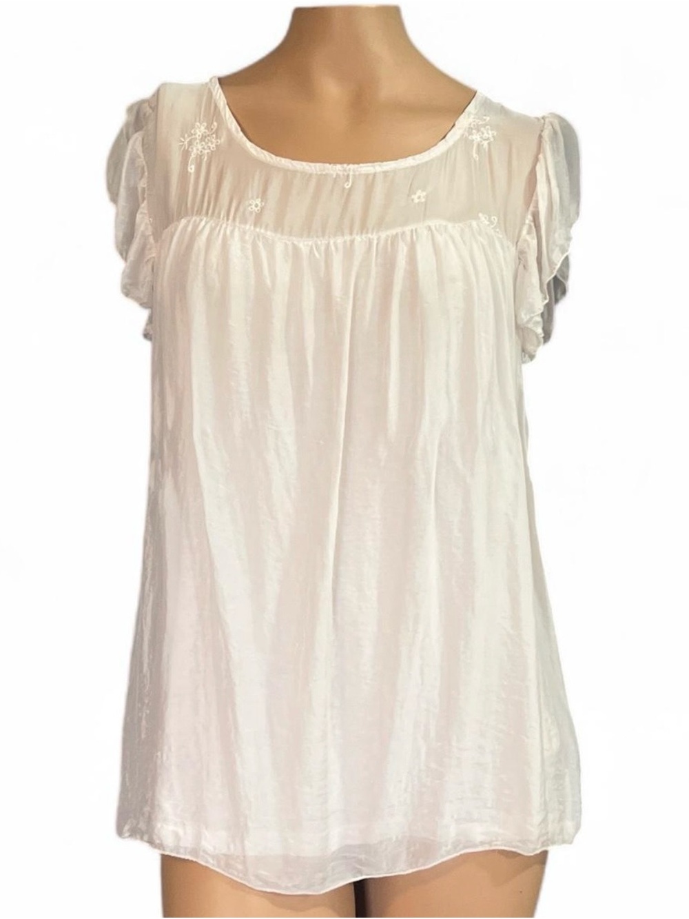 Via Signoria Silk Sheer Embroidered Blouse In a very light pink